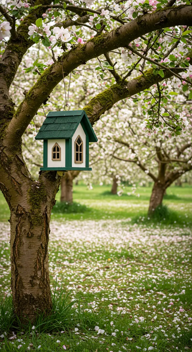 Grün-weißes Vogelhaus mit gotischen Bogenfenstern hängt in einem blühenden Apfelbaum.