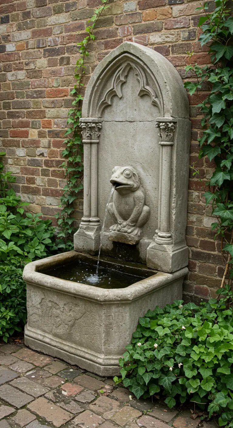 Ein aufwendig gestalteter, gotischer Frosch-Wandbrunnen vor einer alten Backsteinmauer.
