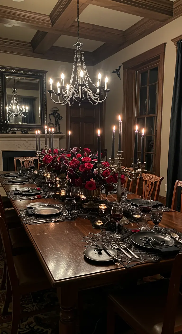 Elegant gedeckter Holztisch mit roten Rosen, schwarzen Kerzen und Spinnennetz-Platzsets.