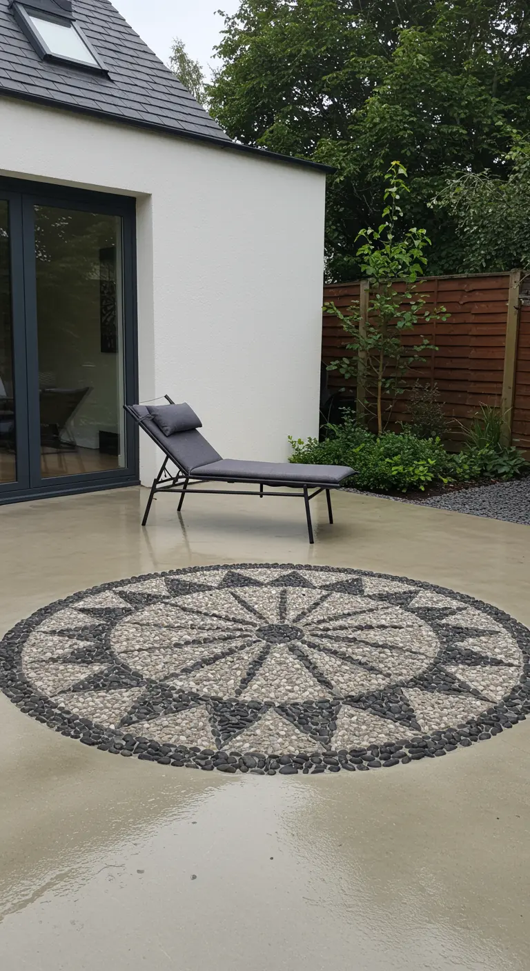 Ein schwarz-weißes Kiesel-Mandala, das direkt in eine moderne Betonterrasse eingelassen ist.