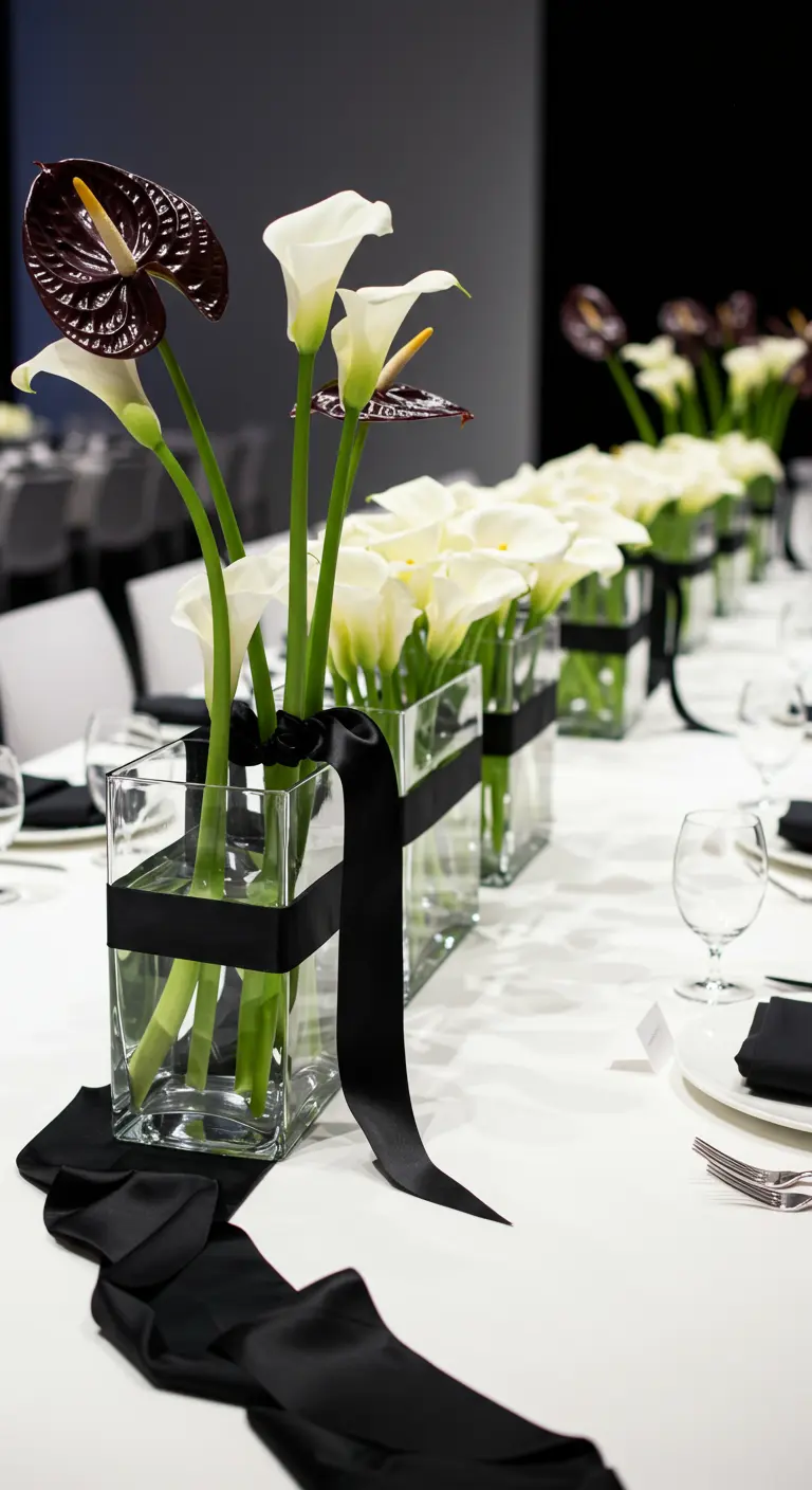 Reihe von Glasvasen mit weißen und dunklen Calla-Lilien, verbunden durch ein schwarzes Band.