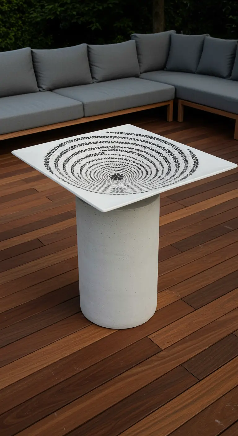 Quadratische weiße Vogeltränke mit schwarzem Spiralmosaik auf einem Betonsockel.