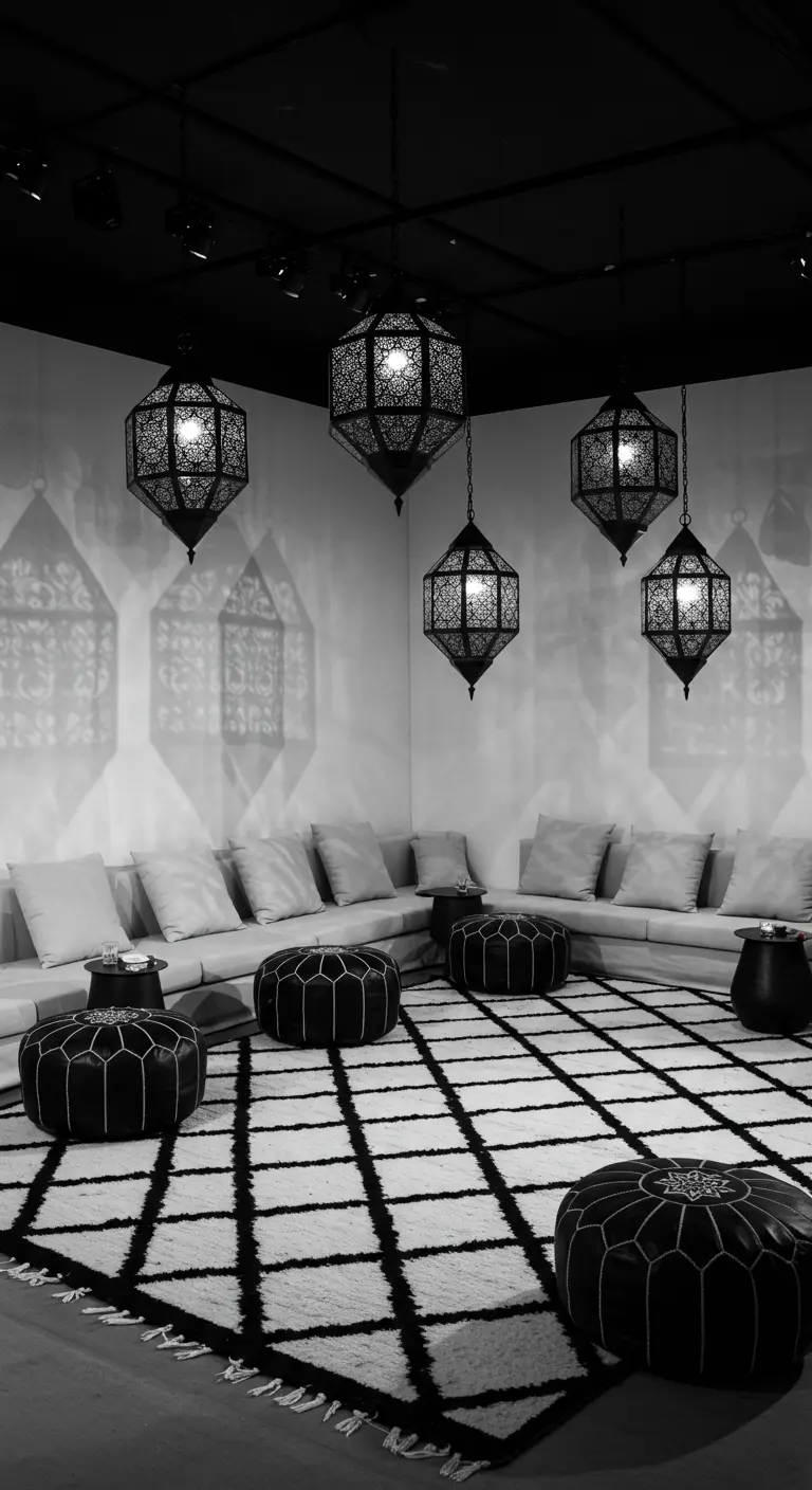 Moderne Lounge in Schwarz-Weiß mit grafischem Teppich und schwarzen marokkanischen Laternen.