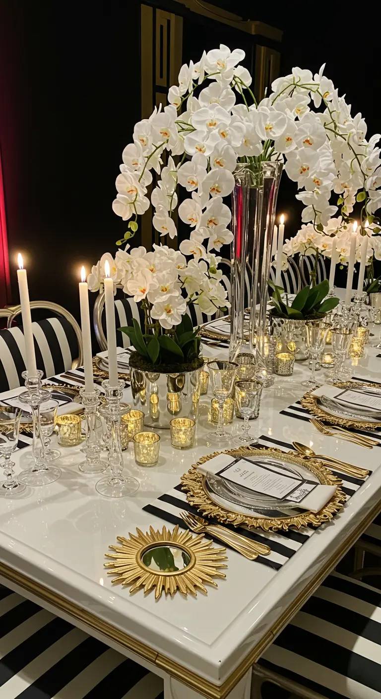 Schwarz-weiß gedeckter Tisch mit goldenem Besteck, Orchideen und sonnenförmigen Spiegeln