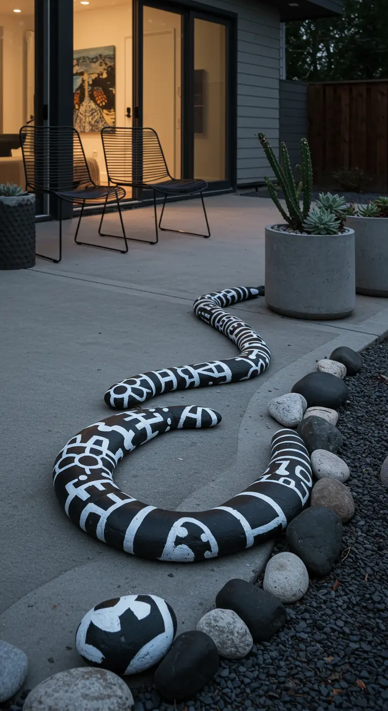 Schwarz bemalte Steine mit weißen grafischen Mustern bilden eine Schlange auf einer Betonterrasse.