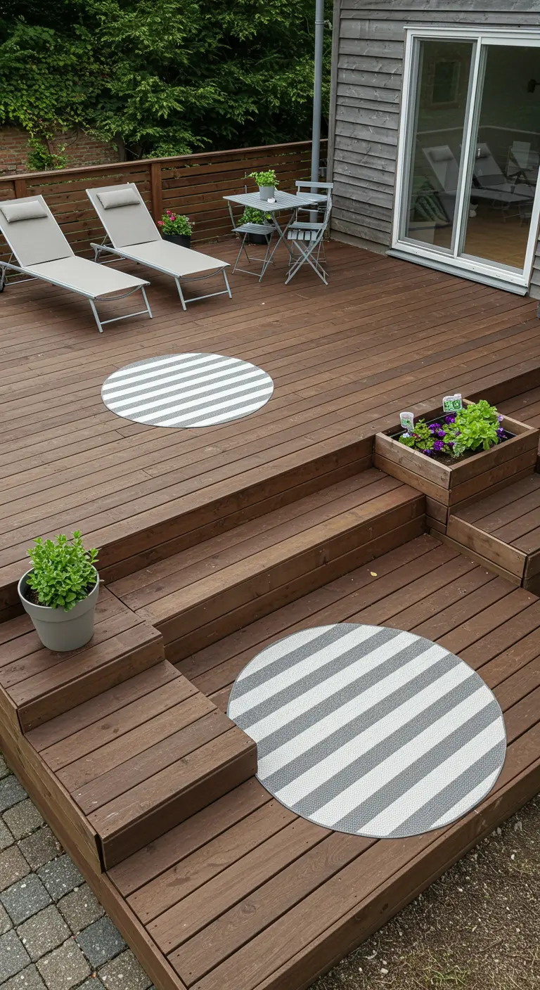 Zwei kleine, rund gestreifte Teppiche, die auf verschiedenen Ebenen einer Holzterrasse liegen.