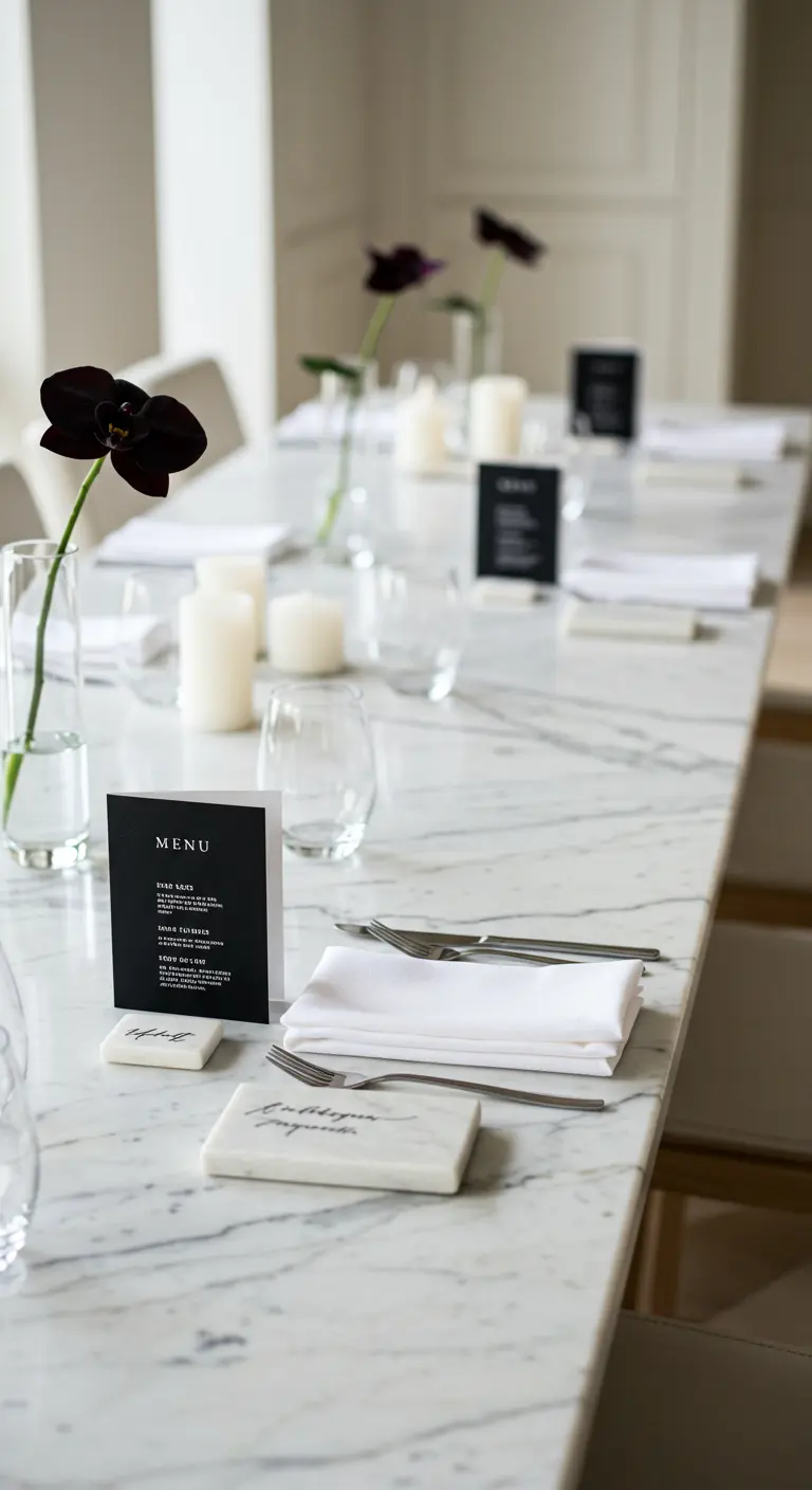 Schwarze Menükarte auf einem minimalistischen Marmortisch mit weißen Kerzen und dunklen Blumen.