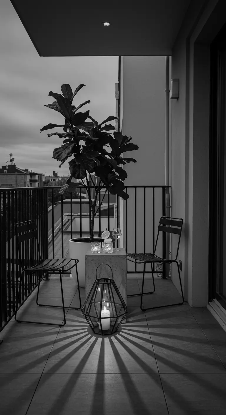 Moderner Balkon in Schwarz-Weiß mit einer großen Laterne, die Schatten wirft.