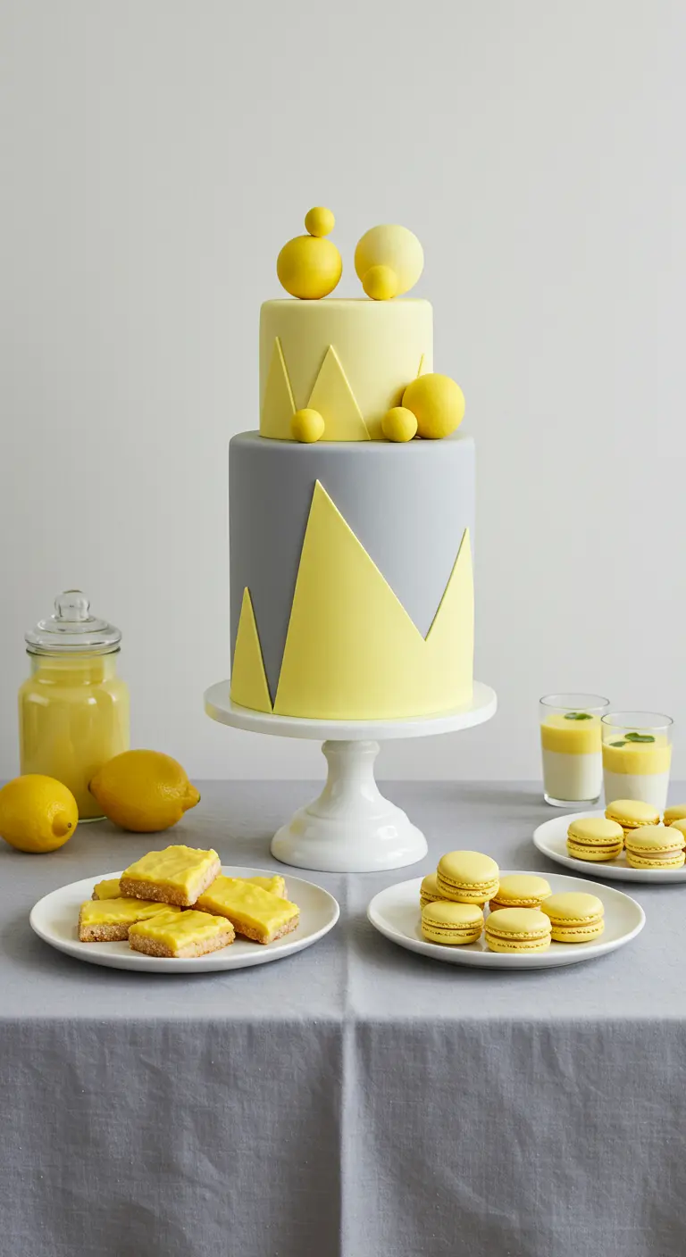 Moderne, geometrische Torte in Grau und Gelb mit passenden Desserts.