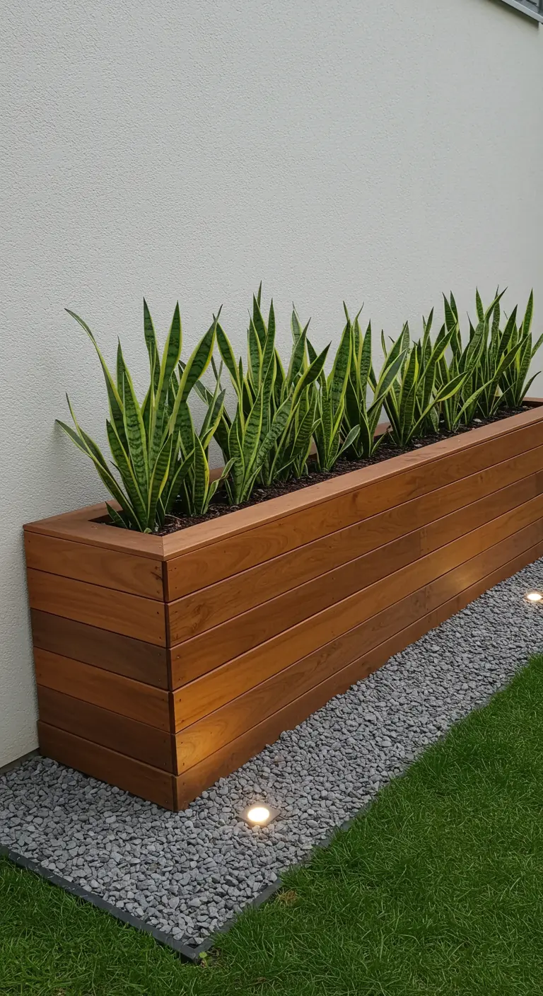 Ein langer, moderner Pflanzkasten aus Holz, bepflanzt mit Bogenhanf entlang einer weißen Wand.