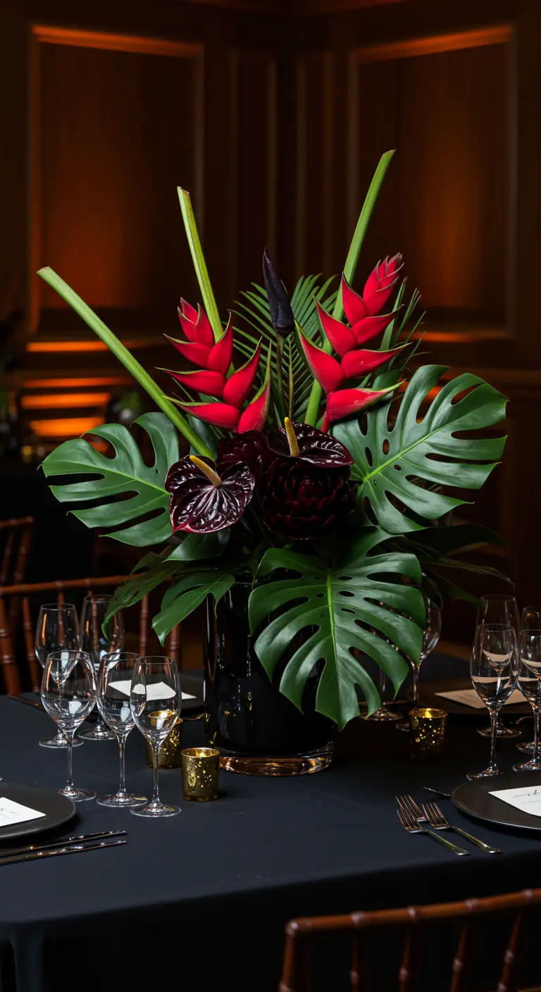 Tropisches Gesteck mit roten Helikonien und Monstera-Blättern in einer schwarzen Vase.
