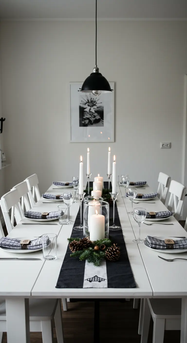 Moderner Tisch in Schwarz-Weiß mit langem Läufer und hohen Kerzen.
