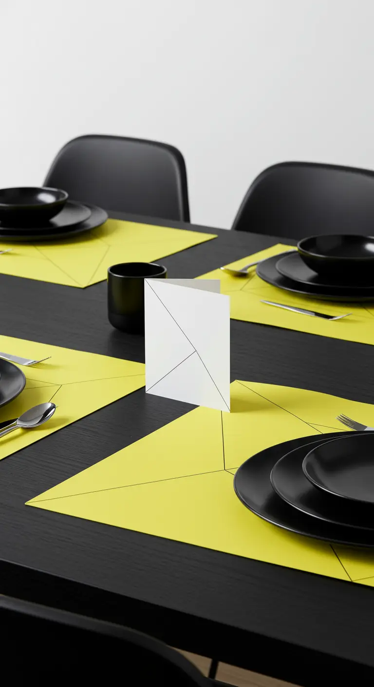 Schwarzer Tisch mit leuchtend gelben geometrischen Tischsets und schwarzem Geschirr.