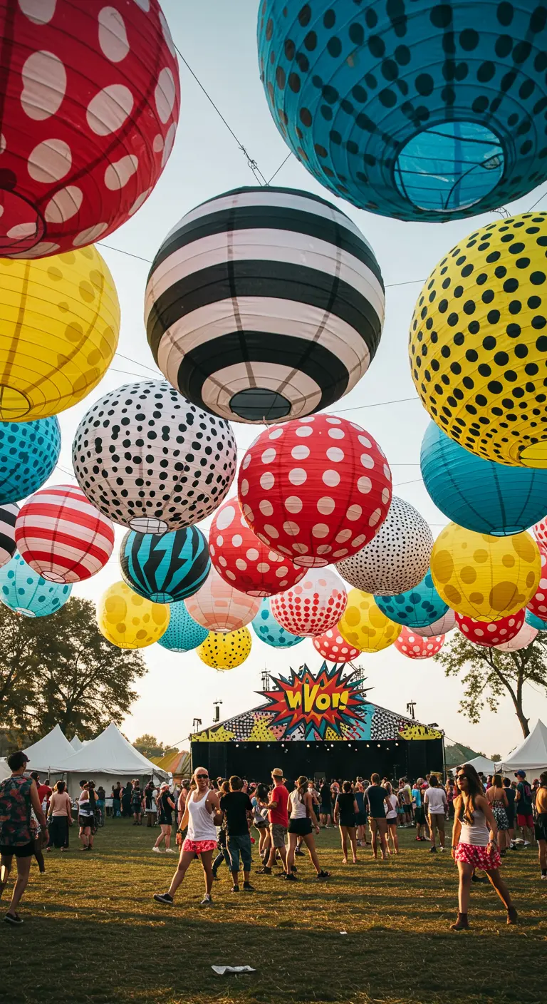Ein Himmel voller Papierlampions mit verschiedenen Mustern wie Punkten und Streifen.
