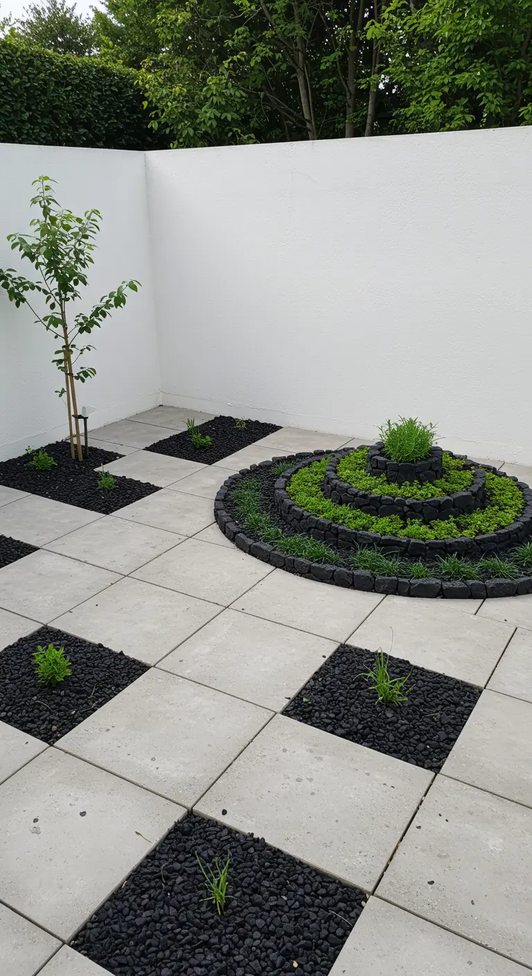 Moderne Kräuterspirale als Teil eines geometrischen Musters mit schwarzen und grauen Fliesen.