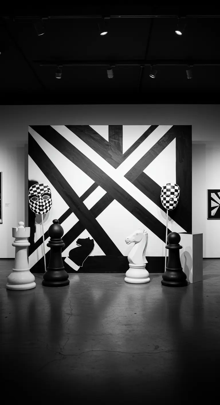 Schwarz-weiße Photobooth-Kulisse mit grafischem Muster und übergroßen Schachfiguren