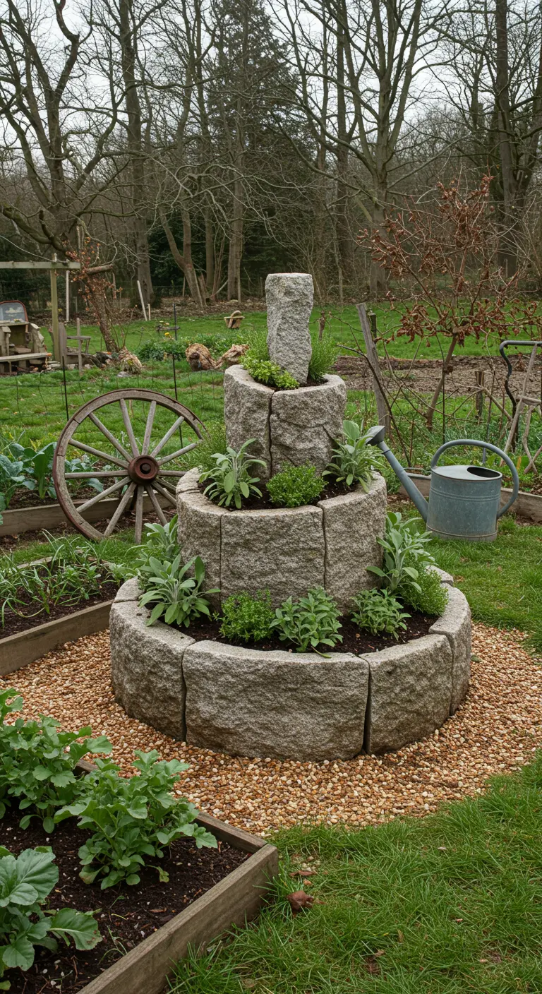 Massive Kräuterspirale aus groben Granitblöcken in einem ländlichen Gemüsegarten.