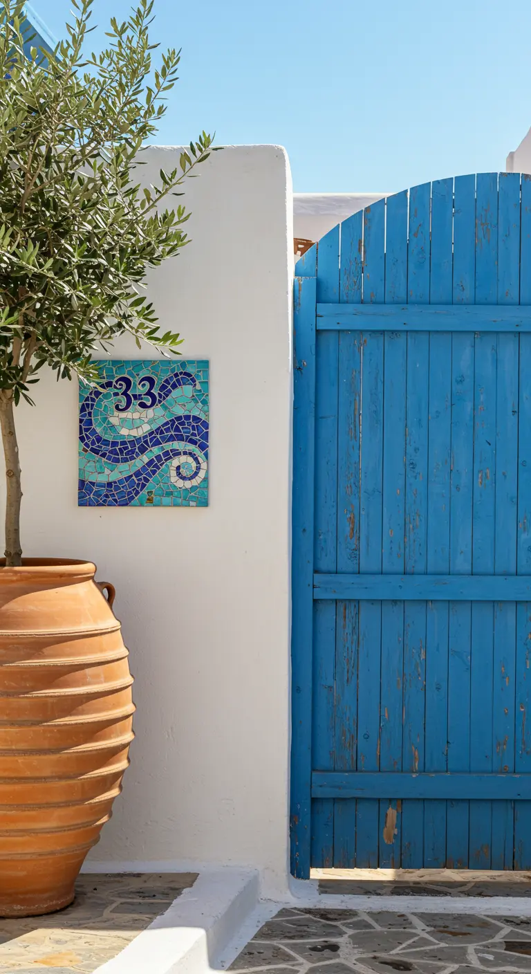 Blaue Mosaik-Hausnummer 33 an einer weißen Wand neben einem blauen Holztor und einem Olivenbaum.