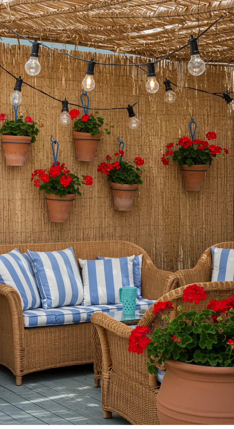 Terrasse im mediterranen Stil mit Bambuswand, roten Geranien in Terrakotta-Töpfen und blau-weiß gestreiften Kissen.