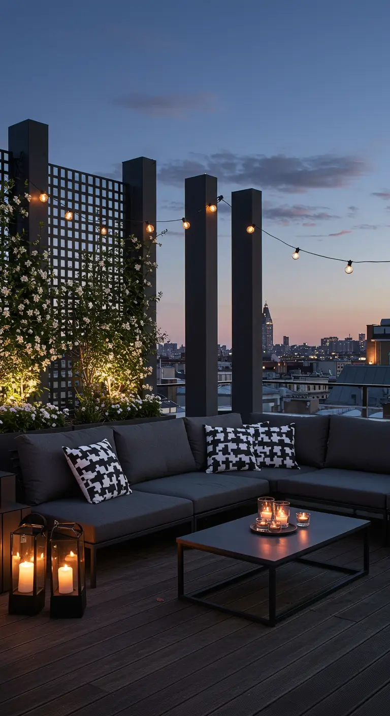Dachterrasse mit dunklen Metallsäulen, Lichterketten, Loungemöbeln und blühendem Jasmin bei Nacht.