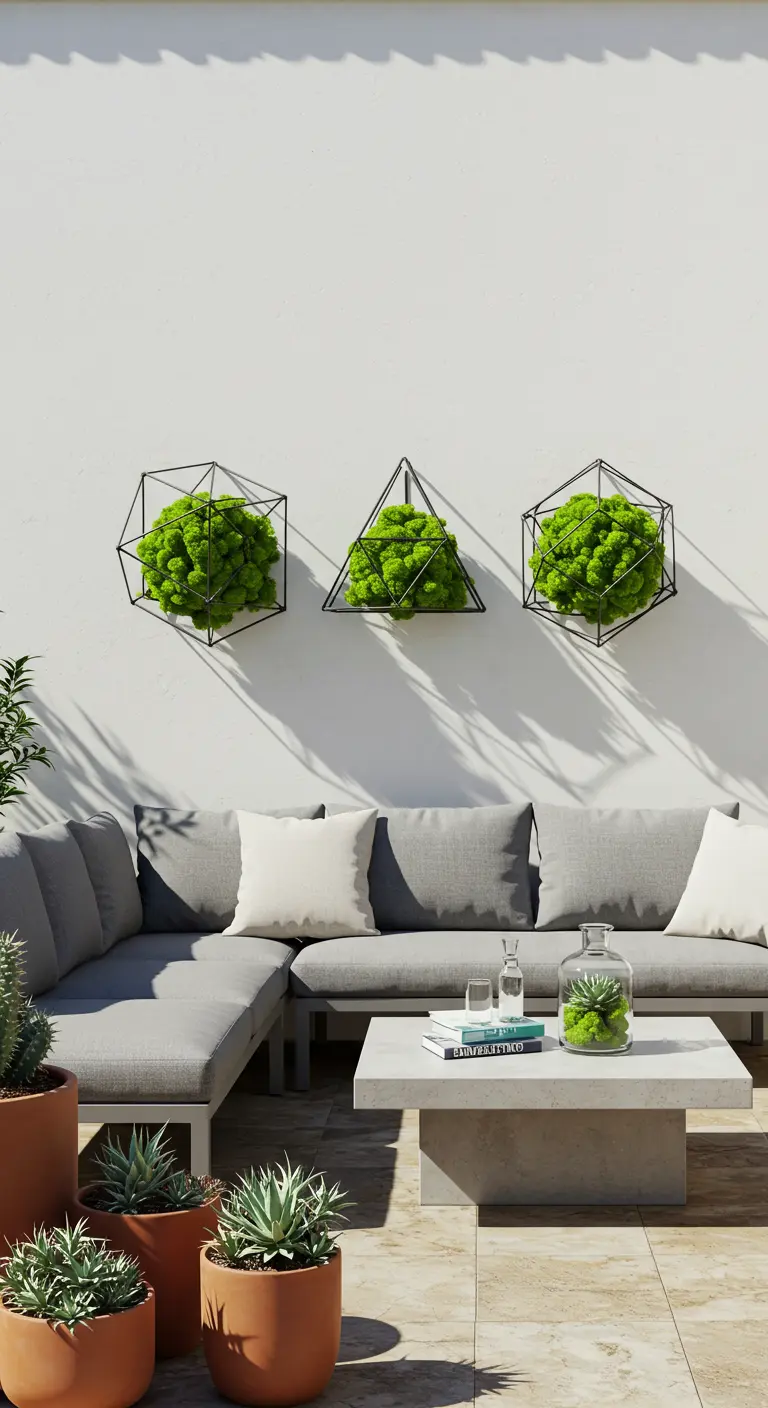 Drei geometrische Drahtformen mit Kugelmoos über einer grauen Lounge-Couch.