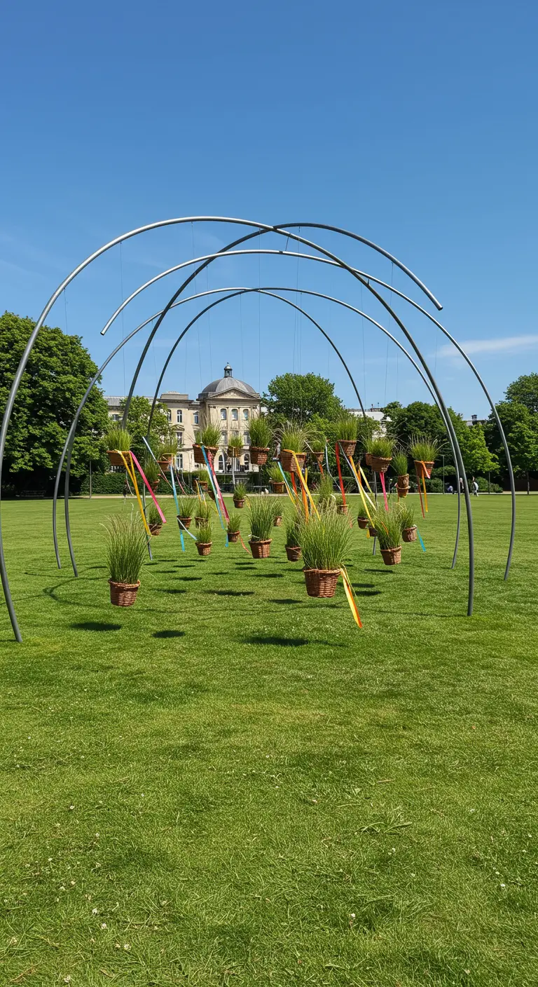 Kleine Weidenkörbe mit Gräsern und bunten Bändern hängen an einer modernen Metallbogen-Skulptur.