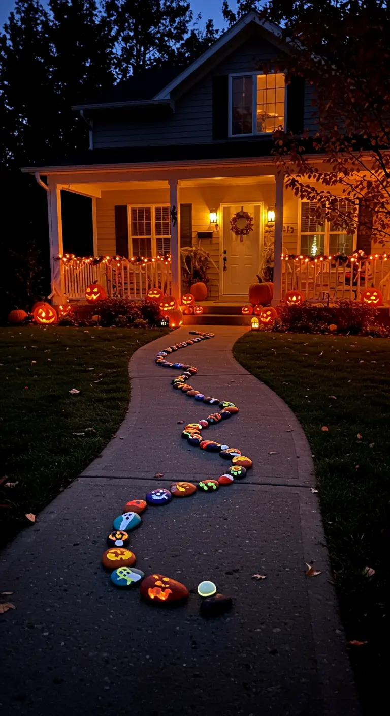 Ein Weg zum Haus wird nachts von einer Steinschlange mit Halloween-Motiven gesäumt.