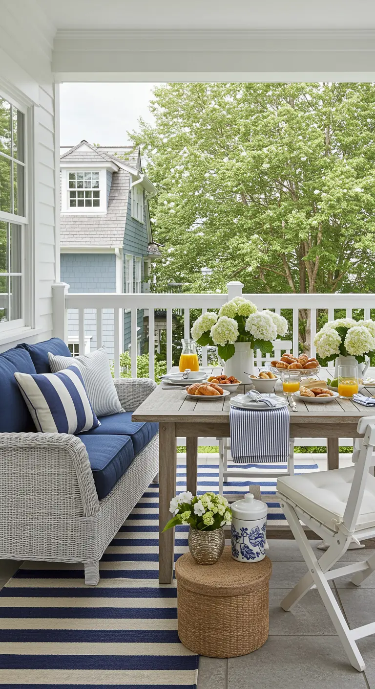 Balkon im maritimen Stil mit blau-weiß gestreiftem Teppich und Hortensien.