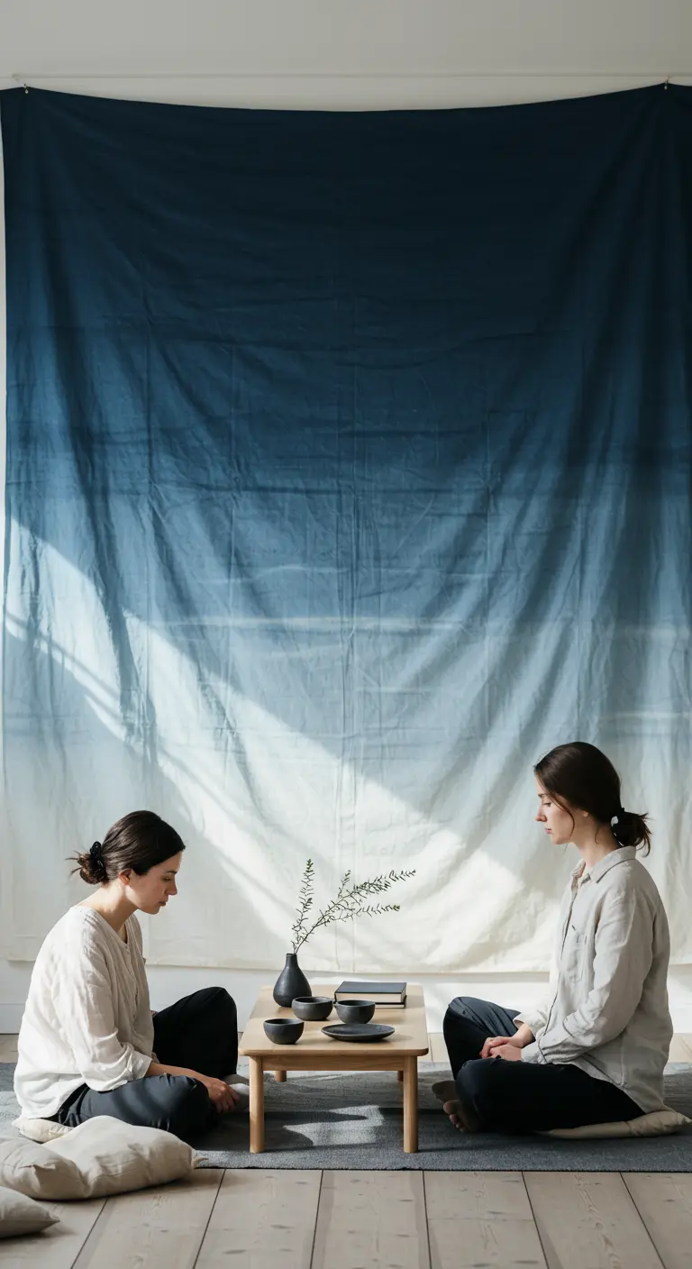 Ein großer, in Indigo-Ombré handgefärbter Stoff hängt als ruhiger Backdrop an der Wand.