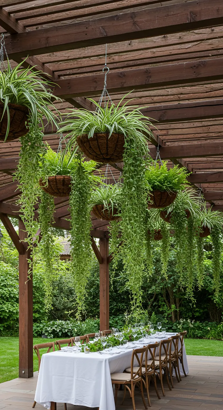 Üppige Hängepflanzen über einer langen Tafel unter einer Holzpergola.