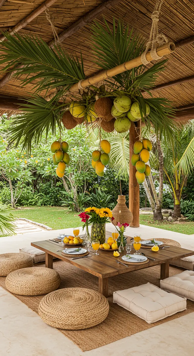 Von der Decke hängende Kokosnüsse und Mangos über einem niedrigen Holztisch mit Sitzkissen