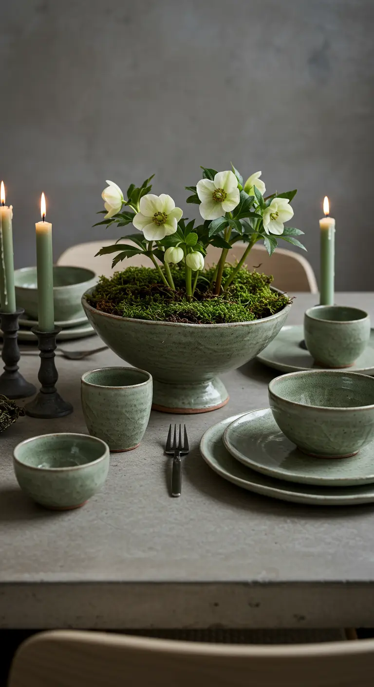 Monochrome Tischdeko in Salbeigrün mit Keramikgeschirr und Moos-Gesteck.