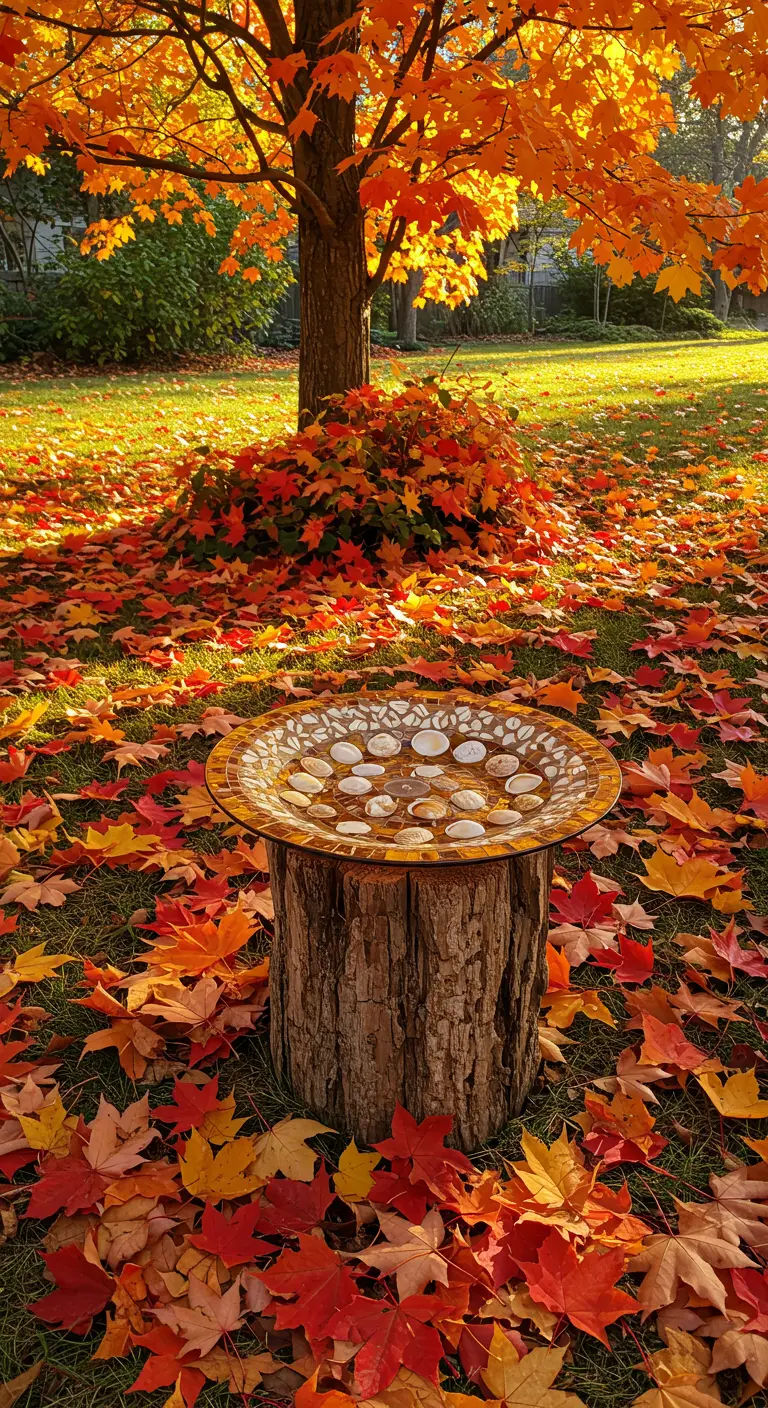Vogeltränke mit bernsteinfarbenem Mosaik auf einem Baumstamm im Herbstlaub.