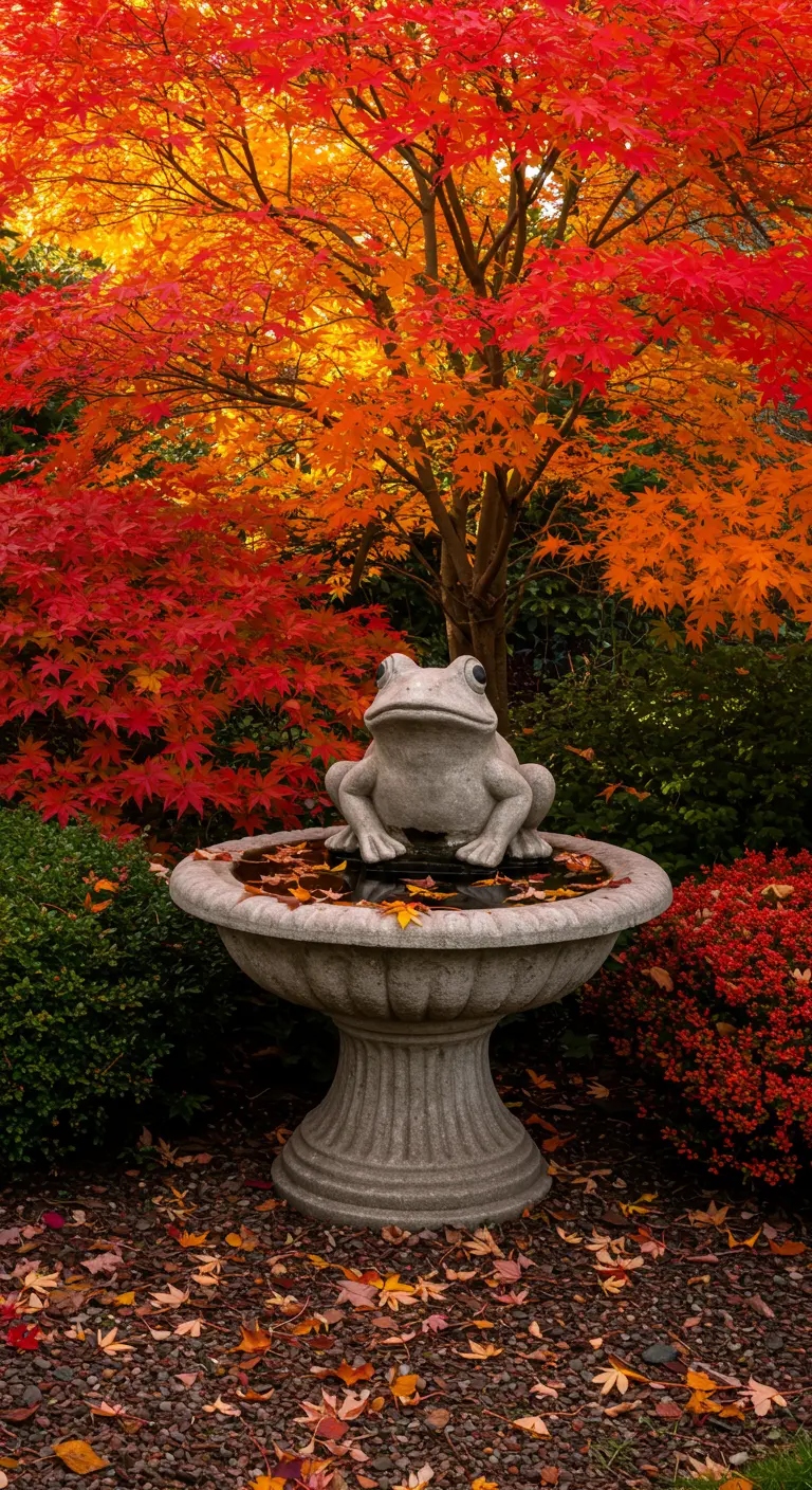Ein Froschbrunnen im Herbst, umgeben von leuchtend roten und orangen Ahornblättern.