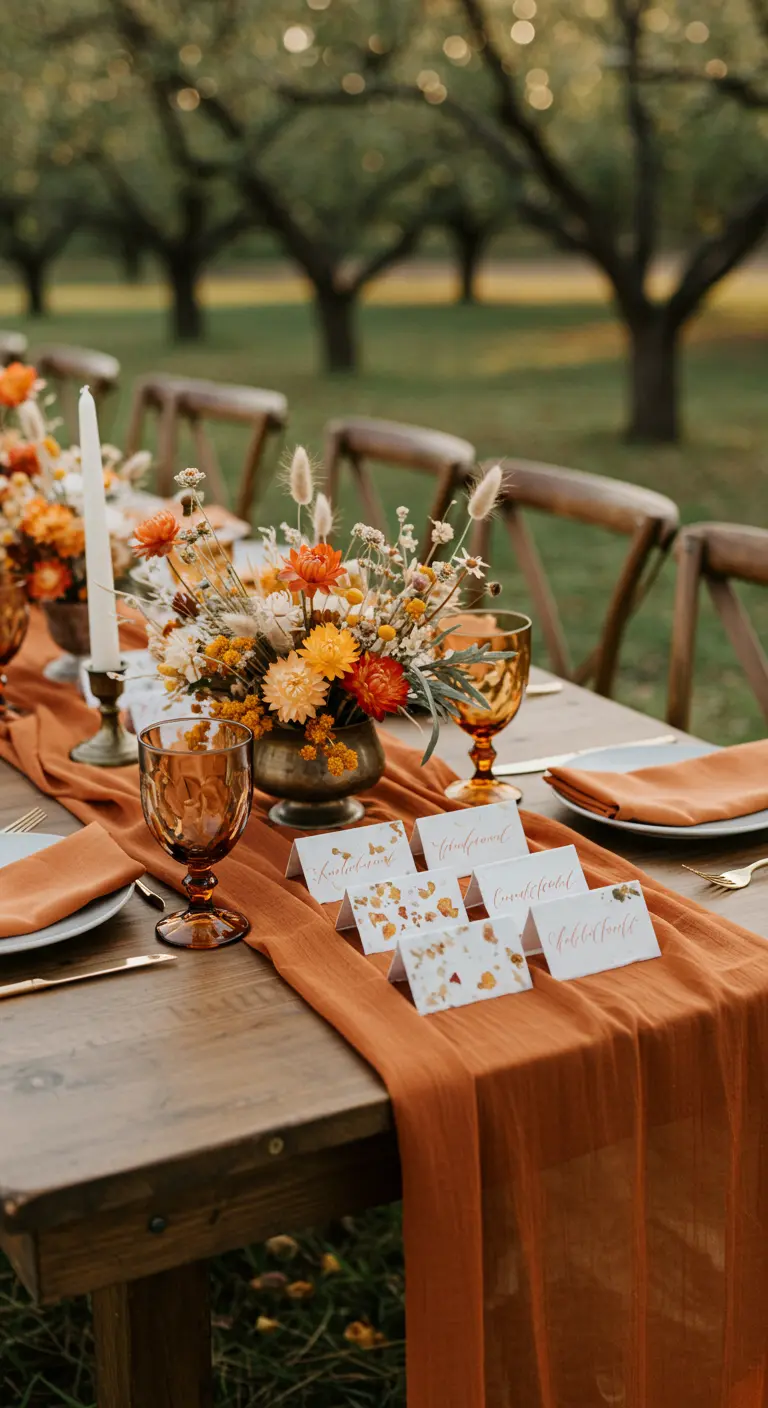Herbstlicher Tisch mit rostbraunem Läufer, Trockenblumen und Platzkarten mit Blattmotiven.
