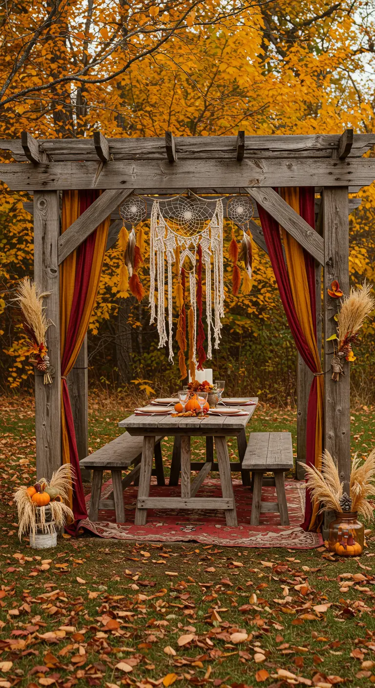 Ein Makramee-Traumfänger mit Federn hängt an einer Holzpergola in herbstlicher Umgebung.