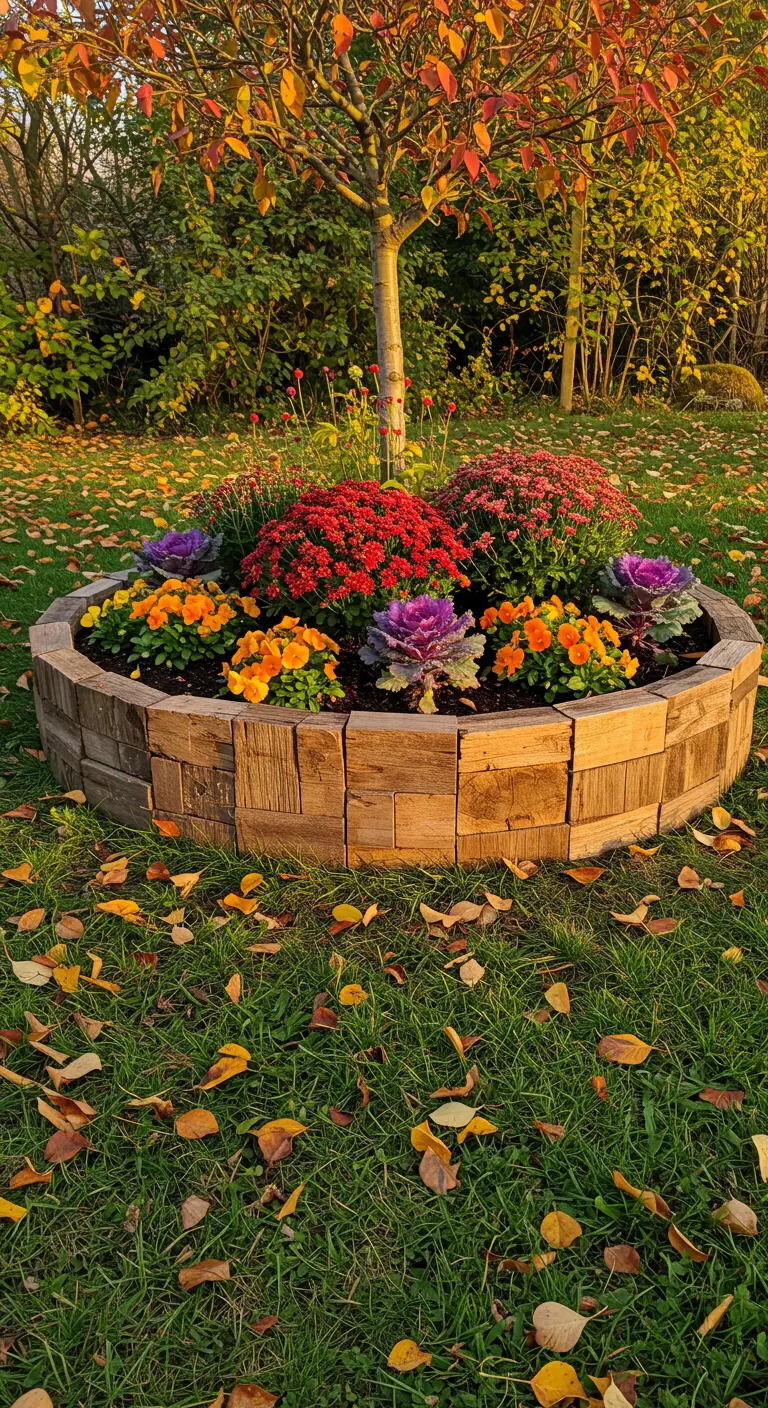 Ein rundes Beet aus aufrecht stehenden Holzblöcken, bepflanzt mit bunten Herbstblumen.