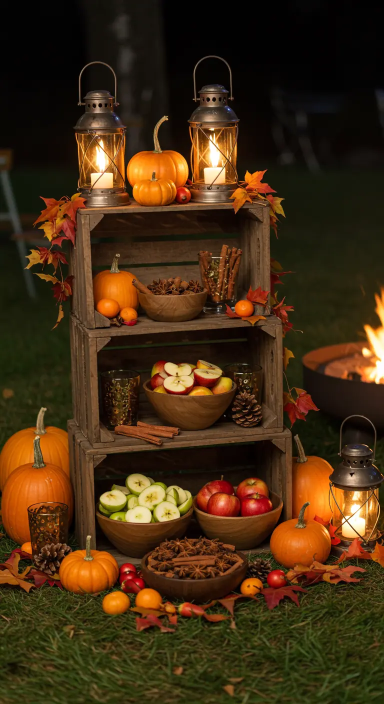 Herbstliche Garnish-Station aus gestapelten Holzkisten mit Kürbissen, Äpfeln und Laternen.