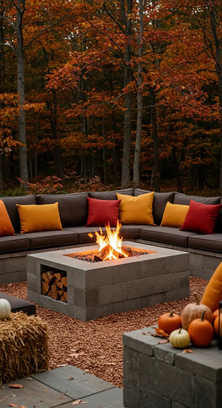 Quadratische Beton-Feuerstelle, umgeben von einem Sofa und herbstlicher Dekoration.