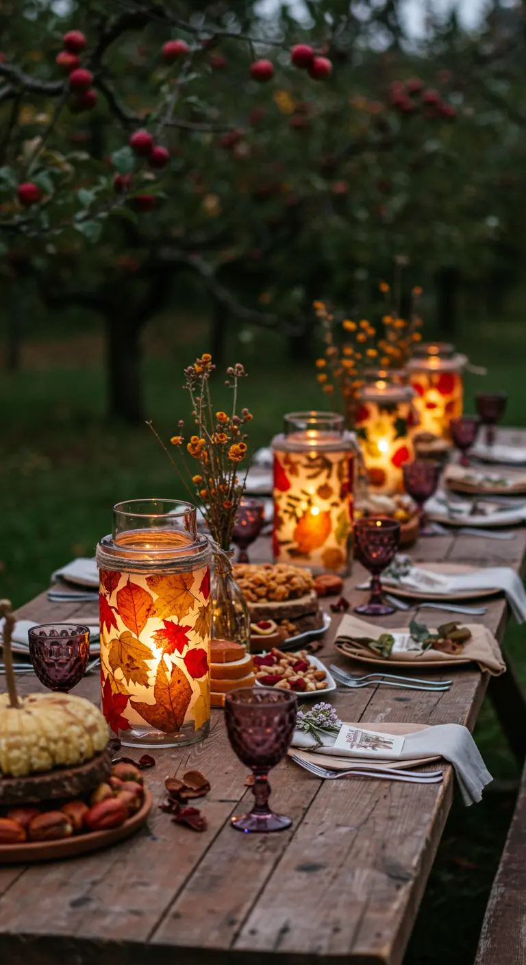Große Glaslaternen, verziert mit bunten Herbstblättern, stehen auf einem rustikalen Holztisch.