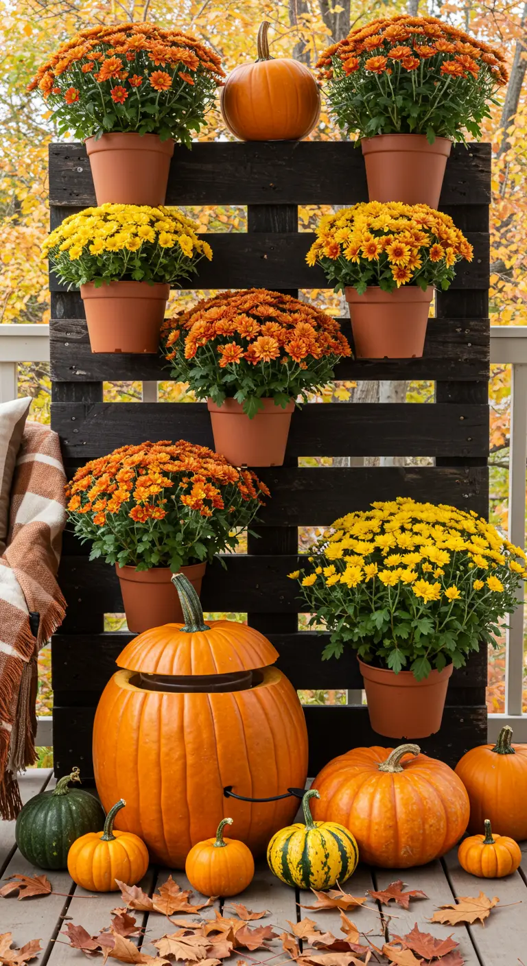 Schwarz gestrichene Palette auf einem Balkon, dekoriert mit Herbstblumen und vielen Kürbissen.