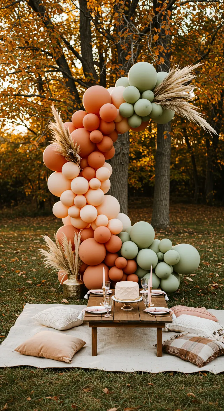 Ballonbogen in Terrakotta und Salbeigrün mit Pampasgras über einem Picknicktisch im Herbst.