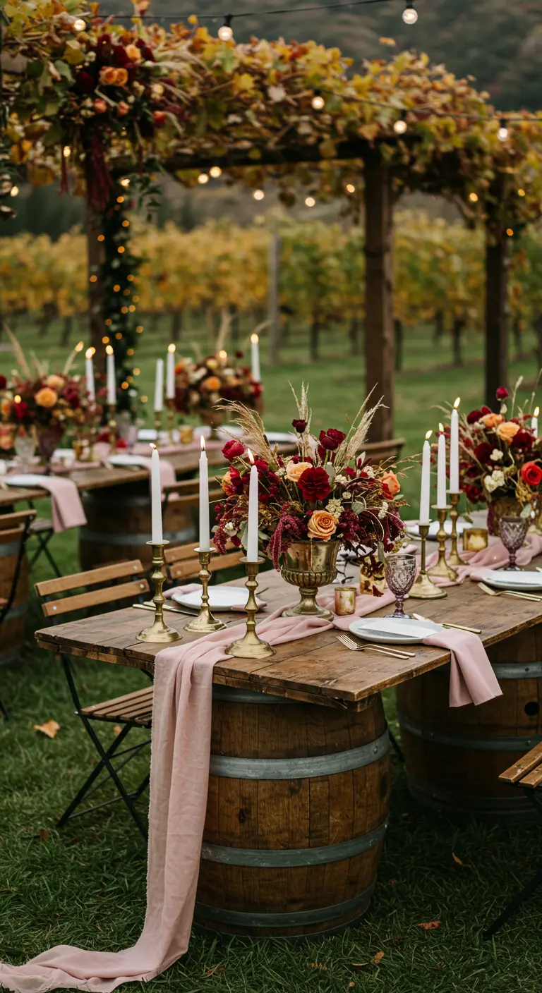Herbstliches Trockenblumen-Arrangement auf einem Tisch, der auf Weinfässern in einem Weinberg steht