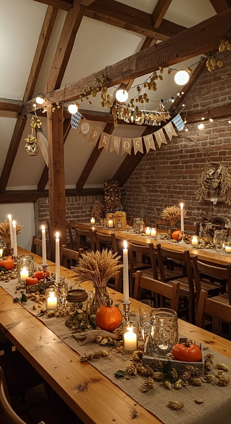 Rustikale Oktoberfest-Tafel mit Kerzenlicht, Kürbissen, Weizen und getrocknetem Hopfen.