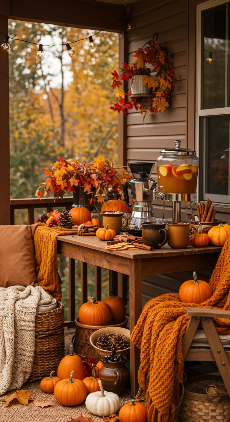 Herbstlich dekorierte Kaffeebar auf einer Veranda mit Kürbissen, Decken und Herbstlaub.