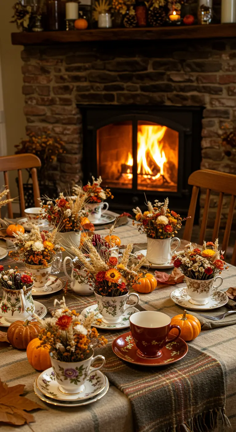Herbstlich gedeckter Tisch vor einem Kamin mit Trockenblumen in Teetassen.