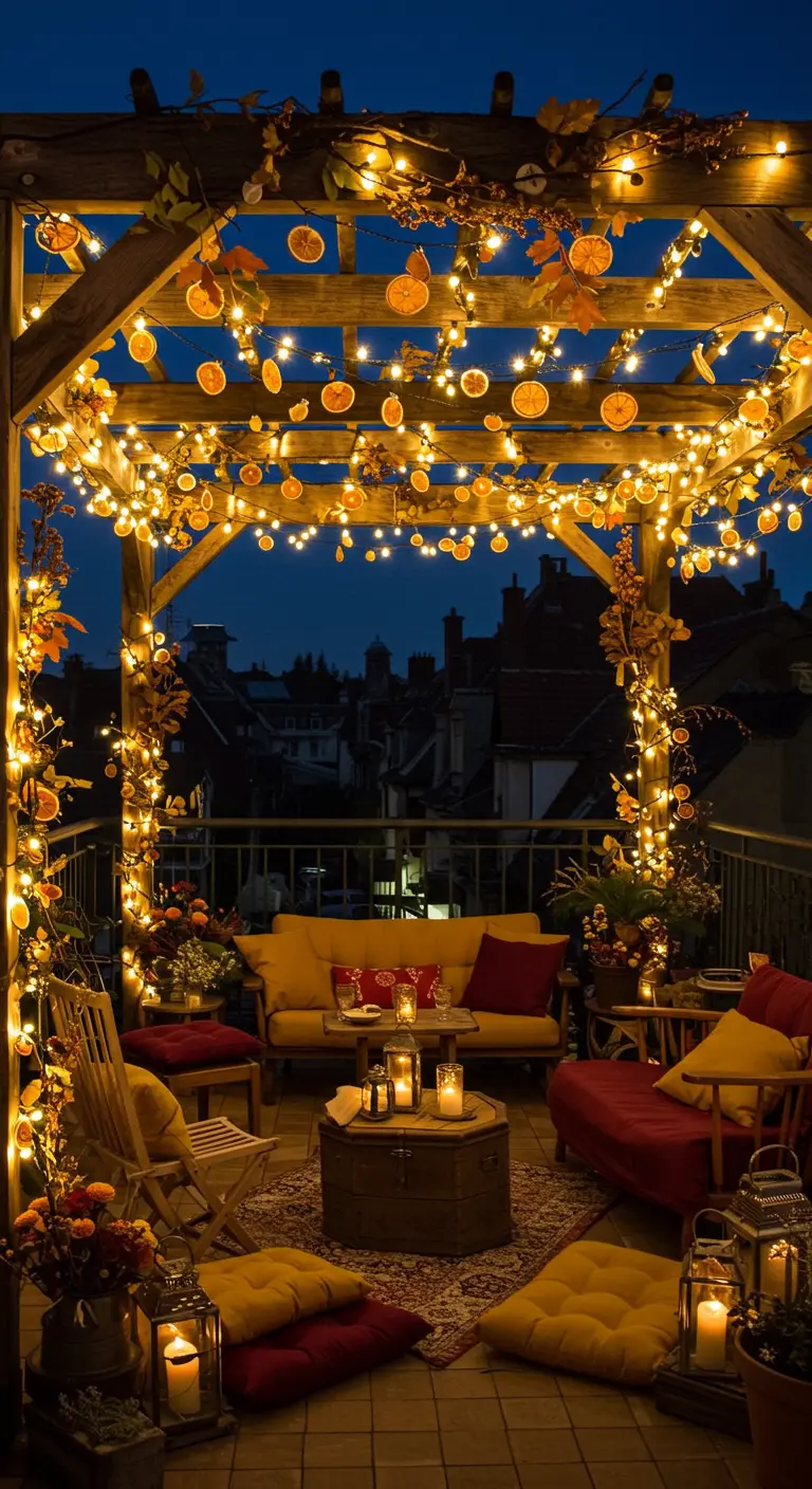 Üppig mit Lichterketten und getrockneten Orangenscheiben dekorierte Pergola