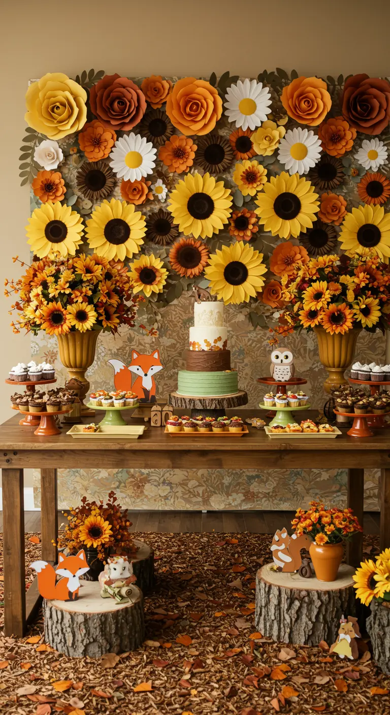 Herbstliche Papierblumenwand mit Sonnenblumen und Gänseblümchen hinter einem Desserttisch.