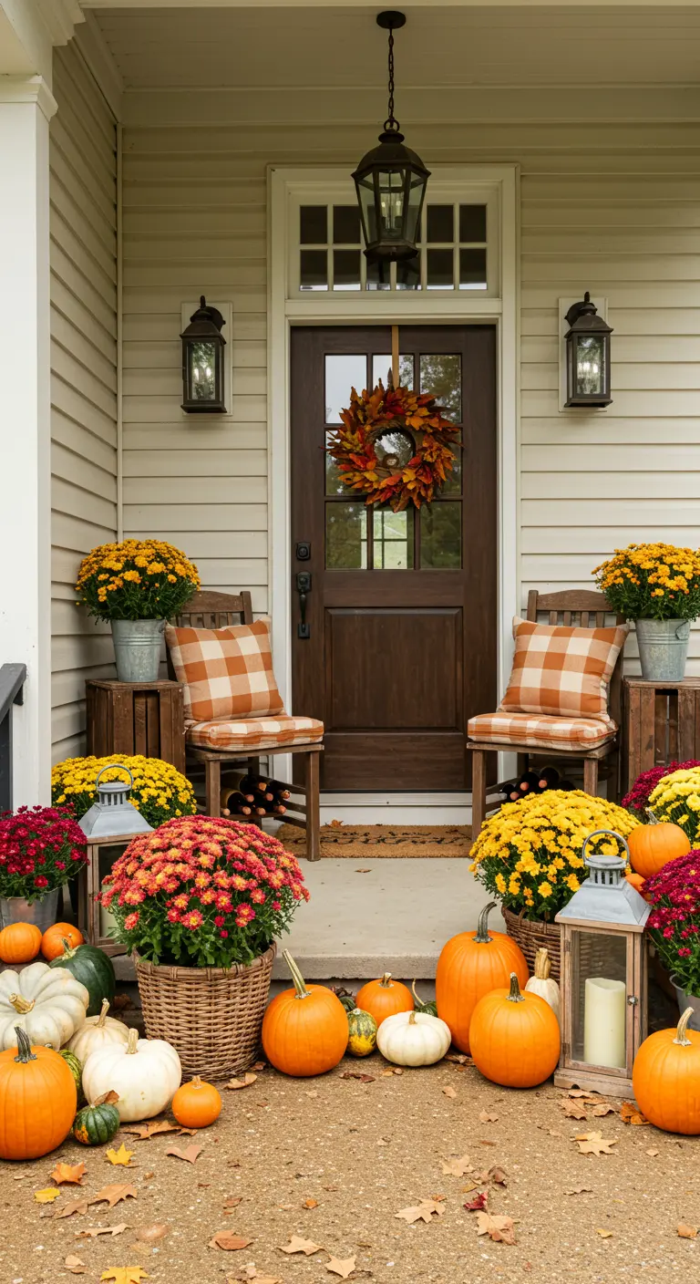 Veranda mit Weinkisten-Stühlen, Herbstblumen und Kürbissen dekoriert.