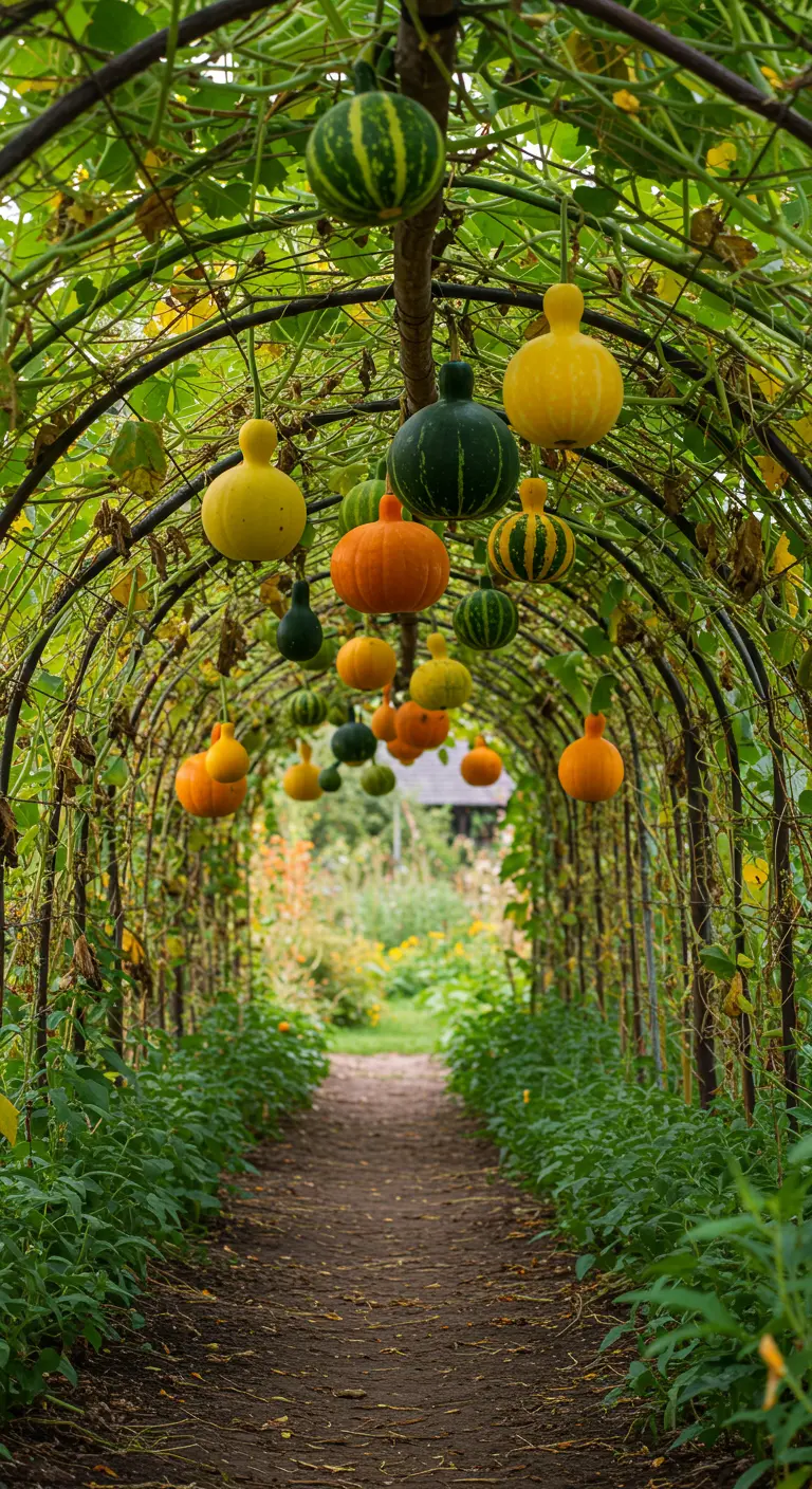 Von einem grünen Laubengang hängen bunte Zierkürbisse in Gelb, Orange und Grün herab.